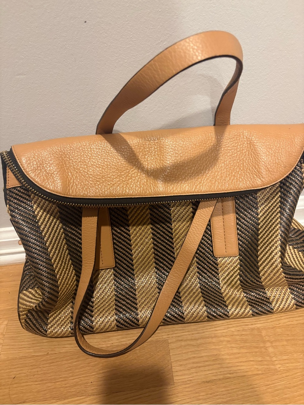 Henri bendel large tan and brown stripe woven and leather top handle bag